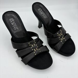 Franco Sarto High Heels Womens 7‎ Leather Kitten Black Open Toe Mule Straps G2